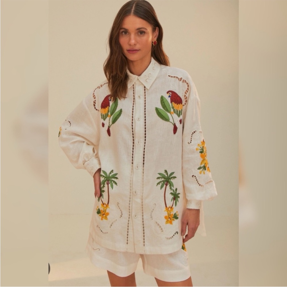 Farm Rio Tropical Destination Embroidered Beaded Linen Shirt